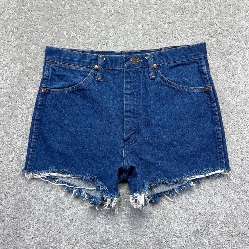 VINTAGE Wrangler Denim Shorts Sz 33 Blue High Rise Cut Off Western Jorts Y2k USA